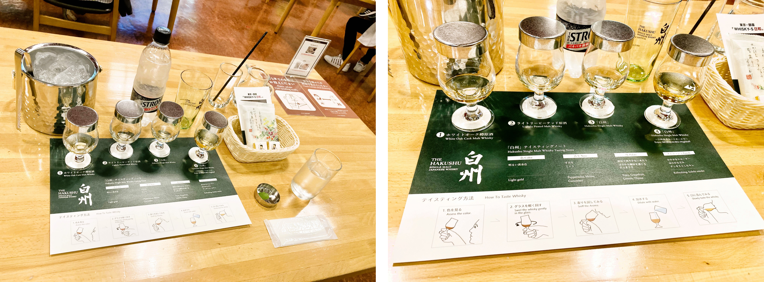 ウイスキーの種類と共に表現の幅は無限に広がる:ウイスキーを実際に飲めばおのずと感想を述べたくなるものだ。しかし複雑な味わいをどう表せばよいのか戸惑ってしまう人も多いかもしれない。ウイスキーの表現方法の指針としてはプロのブレンダーや評論家が作成した「フレーバーホイール(風味の環)」がある。テイスティングの表現の一例:塩味:海水を感じさせ潮風のような塩気を含んだ海の香り。ウッディ:樽由来の味わいで、ナッツやバニラのような風味。スモーキー:ピート由来の香り。いぶされたような味わい。フルーティ:果実やベリーなどのような甘いフレッシュな味わい。フローラル:干し草やハーブなどの華やかな香りや味わい。モルティ:原料である大麦(麦芽)由来の香ばしい香り。STEP.1 ボトルを見て内容を確かめる、「ウイスキーのアルコール度数の平均は約40度。高いものは60度以上のものもあります。」テイスティングというとすぐに口に含みたくなる思いを抑えて、まずはじっくりとボトルの内容を確かめる。どの会社がいつ頃造ったものなのか、アルコール度数などラベルから得られる情報を押さえる。同じ銘柄でも製造時期によって味わいが変化する。STEP.2 グラスに注いで色を確かめる、「色が濃い場合は、新樽で長期熟成していることがわかります。」ウイスキーをグラスに約15~30mlほど静かに注ぎ入れる。目線より少し高い位置にグラスをかざし、色味(透明度、にごりがないか)を見る。黄金色から深みを帯びたものまでウイスキーの色は様々。使用した樽により異なるが、熟成度が高いほどに赤みが増していく。STEP.3 空気を含ませて香りを確かめる、「鼻を近づけすぎると香りが強すぎてしまうため、適度な距離を保ちましょう。」グラスの脚の部分を持ち、鼻から少し離して香りを確かめる。その後、スワリング(グラスをくるくる回す)し、香りの変化をみる。その際グラスに垂れる液体を見て、アルコール度数をはかる。粘度の高さに比例してアルコール度数も高くなることがわかる。STEP.4 口に含み、舌の上で転がしながら味わう、「ここで少量加水しても良い。STEP3・4を繰り返しましょう。そうすることでよりウイスキーの味わいがわかります。」水を飲み、口の中を何もない状態にしてからウイスキーをほんの少し口に含む。すぐに飲み込まず、舌の上で転がし、舌の奥や先、喉など全体で味わうと良い。鼻から空気を抜いて香りを感じた後に飲み込む。口の中に残る香りや味わいのアフターテイストを感じる。