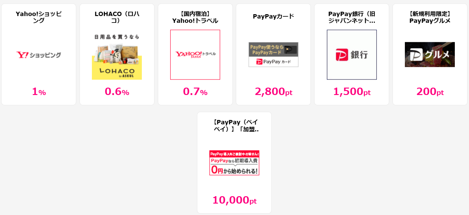 「楽天サービス特集!」お買い物でハピタスポイントも一緒にゲット!楽天市場をもっとお得に活用しましょう!大人気の楽天サービスでお得にポイ活!ハピタス経由でポイント二重取りが当たり前!●みんなが利用する定番サービス!:楽天市場:商品購入で1%、楽天トラベル(国内宿泊、海外航空券、海外ホテル):各種サービス利用で1%、楽天24【楽天市場】:商品購入で1%、楽天ブックス:商品購入で1%、●旅行:楽天トラベル(ANA 楽パック、JAL 楽パック、海外DP):宿泊予約で1%、楽天トラベル(国内レンタカー):レンタカー利用で2%、楽天トラベル(高速バス):高速バス予約で1%、楽天カーシェア:新規入会登録+初回利用で400pt、楽天トラベル(観光体験):予約+体験実施で1%、●生活:Rakuten Fashion<旧Rakuten Brand Avenue>:商品購入で1%、楽天Beauty(楽天ビューティ):ネット予約+決済完了で1%、楽天Car車買取(旧:楽天Carオークション):web査定申込+車売却成立完了で17,000pt、楽天写真館:商品購入で6%、楽天でんわ:新規無料利用登録で100pt、楽天モバイル Rakuten Un-limit:申込完了+サービス開始でポイント対象外、楽天ひかり:新規開通でポイント対象外、●趣味:楽天Kobo電子書籍ストア:商品購入で1%、楽天ブックスダウンロード:ダウンロード購入で1%、楽天マガジン【31日間無料】:無料お試し登録で200pt、●カード・金融:楽天証券:新規口座開設+入金で10,000pt、楽天カード:新規カード発行で1,500pt、楽天銀行スーパーローン:新規web申込+カード発行で7,000pt、【楽天銀行】口座開設:新規口座開設+初回ログインで840pt、楽天ウォレット(Rakuten Wallet):口座開設で100pt、楽天FX:新規口座開設+取引で7,000pt、楽天証券 iDeCo:新規iDeCo申込完了で1,000pt、楽天銀行の海外送金サービス【法人口座向け】:新規法人口座開設で900pt、●その他:楽天Car車検:車検実施で1,050pt、楽天競馬:投票会員登録で800pt、話題の競輪くじ【Kドリームス】:無料会員登録で900pt、楽天インサイト(旧楽天リサーチ)【全年齢対象】:初回アンケートで30pt、楽天インサイト(旧楽天リサーチ)【15~29歳限定】:初回アンケートで130pt、【楽天toto】無料利用登録:無料利用登録で160pt、【楽天toto】おまかせBIG<自動購入>:購入予約で100pt、楽天ペイ(実店舗決済):新規加盟店登録で7,000pt、「Yahoo!サービス特集!」お買い物でハピタスポイントも一緒にゲット!Yahoo!ショップをもっとお得に活用しましょう!PayPay(ペイペイ)やYahoo!系サービスを使うなら、ハピタス経由でポイント二重取りが当たり前!●みんなが利用する定番サービス!:Yahoo!ショッピング:商品購入で1%、【国内宿泊】Yahoo!トラベル:宿泊完了(WEB予約)で0.7%、ニトリ(Yahoo!ショッピング店):商品購入で1%、PayPay銀行(旧ジャパンネット銀行):口座開設で1,500pt、PayPayカード:新規カード発行で2,800pt、【新規利用限定】PayPayグルメ:新規予約+実来店で200pt、LOHACO(ロハコ):商品購入で0.6%、「auサービス特集!」大人気のau Ponta系サービスでお得に「ポイ活」!お買い物でハピタスポイントも一緒にゲット!au Ponta系サービスをもっとお得に活用しましょう!ハピタス経由でポイント二重取りが当たり前!、●みんなが利用する定番サービス!:au PAY マーケット × スマパスプレミアム 会員登録:新規会員登録で200pt、ローソン銀行 ローソンPontaプラス:新規カード発行で3,300pt、auじぶん銀行住宅ローン:仮審査申込み+融資実行で20,000pt、auカブコム証券 初回取引:新規口座開設+取引で9,000pt、auカブコムFX 新規50万通貨以上取引:新規口座開設+取引で24,000pt、じゃらんnet:宿泊完了で1.5%、Pontaでんき:新規電力開通で2,200pt、auでんき:新規申込+開通で3,000pt、JMBローソンPontaカードVisa【発行後のショッピング利用】:新規カード発行+ショッピング利用で500pt、シェルPontaクレジットカード:新規カード発行で1,500pt、Ponta premium Plus「一般カード」:新規カード発行で1,800pt、auひかり【株式会社NEXT】:新規回線契約で30,000pt、au PAY マーケット(旧:au Wowma!):商品購入で1%、au PAY ふるさと納税:申込み完了で4.5%、au PAY マーケット 体験型サービス(旧LUXA):商品購入で2%