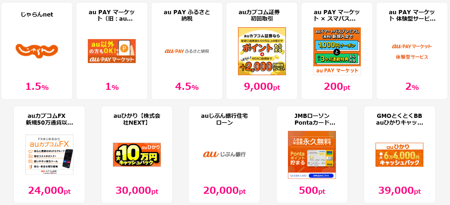 「楽天サービス特集!」お買い物でハピタスポイントも一緒にゲット!楽天市場をもっとお得に活用しましょう!大人気の楽天サービスでお得にポイ活!ハピタス経由でポイント二重取りが当たり前!●みんなが利用する定番サービス!:楽天市場:商品購入で1%、楽天トラベル(国内宿泊、海外航空券、海外ホテル):各種サービス利用で1%、楽天24【楽天市場】:商品購入で1%、楽天ブックス:商品購入で1%、●旅行:楽天トラベル(ANA 楽パック、JAL 楽パック、海外DP):宿泊予約で1%、楽天トラベル(国内レンタカー):レンタカー利用で2%、楽天トラベル(高速バス):高速バス予約で1%、楽天カーシェア:新規入会登録+初回利用で400pt、楽天トラベル(観光体験):予約+体験実施で1%、●生活:Rakuten Fashion<旧Rakuten Brand Avenue>:商品購入で1%、楽天Beauty(楽天ビューティ):ネット予約+決済完了で1%、楽天Car車買取(旧:楽天Carオークション):web査定申込+車売却成立完了で17,000pt、楽天写真館:商品購入で6%、楽天でんわ:新規無料利用登録で100pt、楽天モバイル Rakuten Un-limit:申込完了+サービス開始でポイント対象外、楽天ひかり:新規開通でポイント対象外、●趣味:楽天Kobo電子書籍ストア:商品購入で1%、楽天ブックスダウンロード:ダウンロード購入で1%、楽天マガジン【31日間無料】:無料お試し登録で200pt、●カード・金融:楽天証券:新規口座開設+入金で10,000pt、楽天カード:新規カード発行で1,500pt、楽天銀行スーパーローン:新規web申込+カード発行で7,000pt、【楽天銀行】口座開設:新規口座開設+初回ログインで840pt、楽天ウォレット(Rakuten Wallet):口座開設で100pt、楽天FX:新規口座開設+取引で7,000pt、楽天証券 iDeCo:新規iDeCo申込完了で1,000pt、楽天銀行の海外送金サービス【法人口座向け】:新規法人口座開設で900pt、●その他:楽天Car車検:車検実施で1,050pt、楽天競馬:投票会員登録で800pt、話題の競輪くじ【Kドリームス】:無料会員登録で900pt、楽天インサイト(旧楽天リサーチ)【全年齢対象】:初回アンケートで30pt、楽天インサイト(旧楽天リサーチ)【15~29歳限定】:初回アンケートで130pt、【楽天toto】無料利用登録:無料利用登録で160pt、【楽天toto】おまかせBIG<自動購入>:購入予約で100pt、楽天ペイ(実店舗決済):新規加盟店登録で7,000pt、「Yahoo!サービス特集!」お買い物でハピタスポイントも一緒にゲット!Yahoo!ショップをもっとお得に活用しましょう!PayPay(ペイペイ)やYahoo!系サービスを使うなら、ハピタス経由でポイント二重取りが当たり前!●みんなが利用する定番サービス!:Yahoo!ショッピング:商品購入で1%、【国内宿泊】Yahoo!トラベル:宿泊完了(WEB予約)で0.7%、ニトリ(Yahoo!ショッピング店):商品購入で1%、PayPay銀行(旧ジャパンネット銀行):口座開設で1,500pt、PayPayカード:新規カード発行で2,800pt、【新規利用限定】PayPayグルメ:新規予約+実来店で200pt、LOHACO(ロハコ):商品購入で0.6%、「auサービス特集!」大人気のau Ponta系サービスでお得に「ポイ活」!お買い物でハピタスポイントも一緒にゲット!au Ponta系サービスをもっとお得に活用しましょう!ハピタス経由でポイント二重取りが当たり前!、●みんなが利用する定番サービス!:au PAY マーケット × スマパスプレミアム 会員登録:新規会員登録で200pt、ローソン銀行 ローソンPontaプラス:新規カード発行で3,300pt、auじぶん銀行住宅ローン:仮審査申込み+融資実行で20,000pt、auカブコム証券 初回取引:新規口座開設+取引で9,000pt、auカブコムFX 新規50万通貨以上取引:新規口座開設+取引で24,000pt、じゃらんnet:宿泊完了で1.5%、Pontaでんき:新規電力開通で2,200pt、auでんき:新規申込+開通で3,000pt、JMBローソンPontaカードVisa【発行後のショッピング利用】:新規カード発行+ショッピング利用で500pt、シェルPontaクレジットカード:新規カード発行で1,500pt、Ponta premium Plus「一般カード」:新規カード発行で1,800pt、auひかり【株式会社NEXT】:新規回線契約で30,000pt、au PAY マーケット(旧:au Wowma!):商品購入で1%、au PAY ふるさと納税:申込み完了で4.5%、au PAY マーケット 体験型サービス(旧LUXA):商品購入で2%
